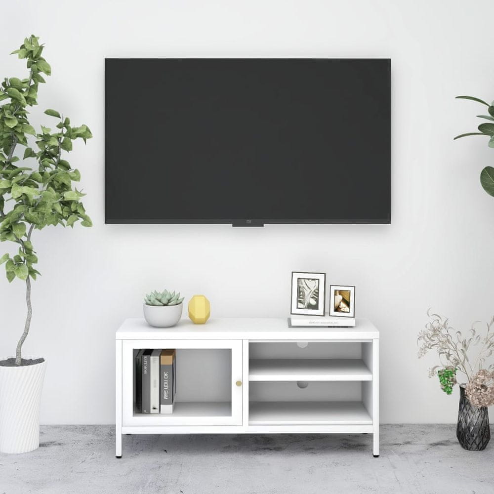 Vidaxl TV skrinka biela 90x30x44 cm oceľ a sklo